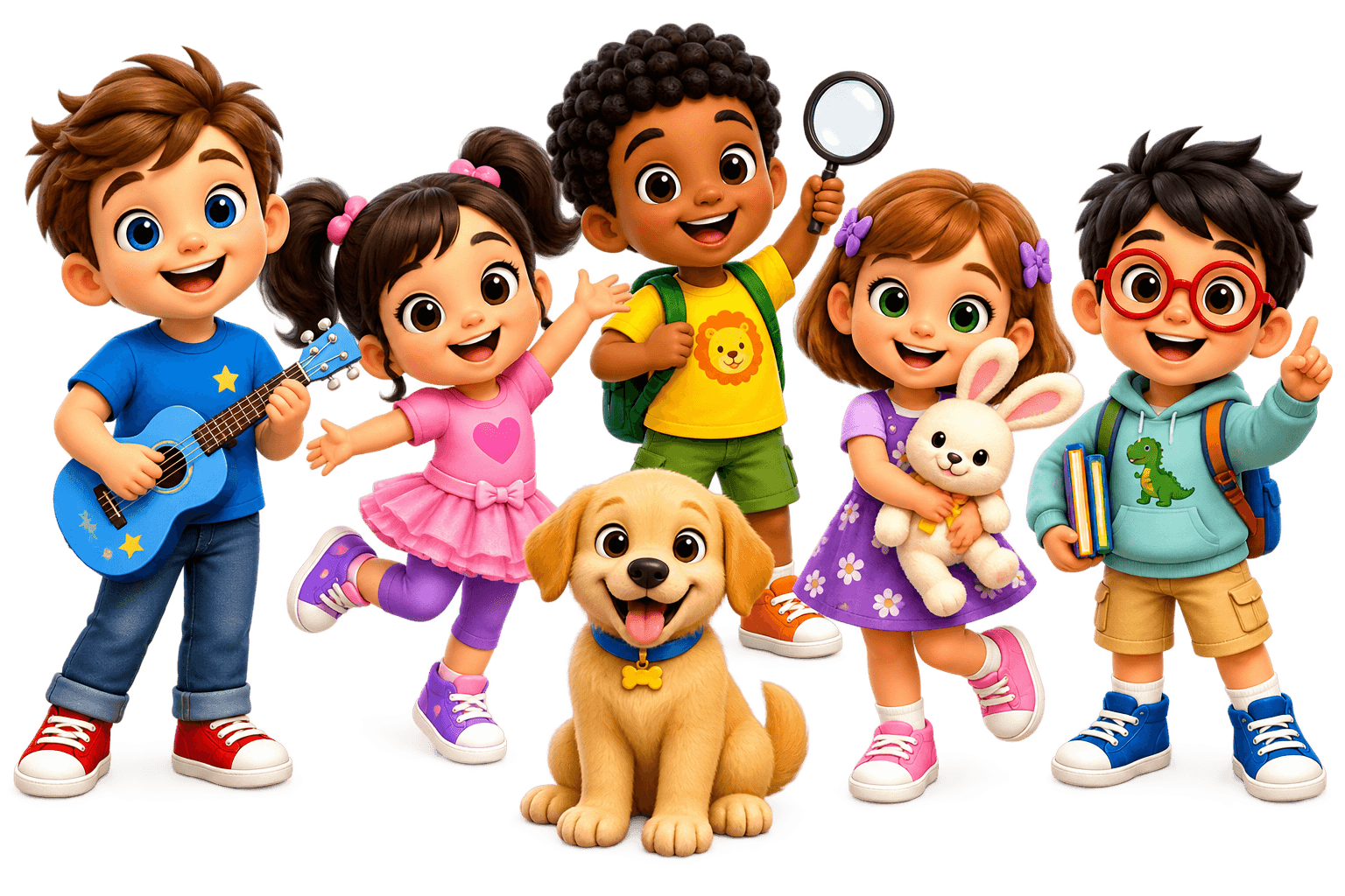 Sam, Mia, Leo, Lily, Noah, and Bingo the puppy