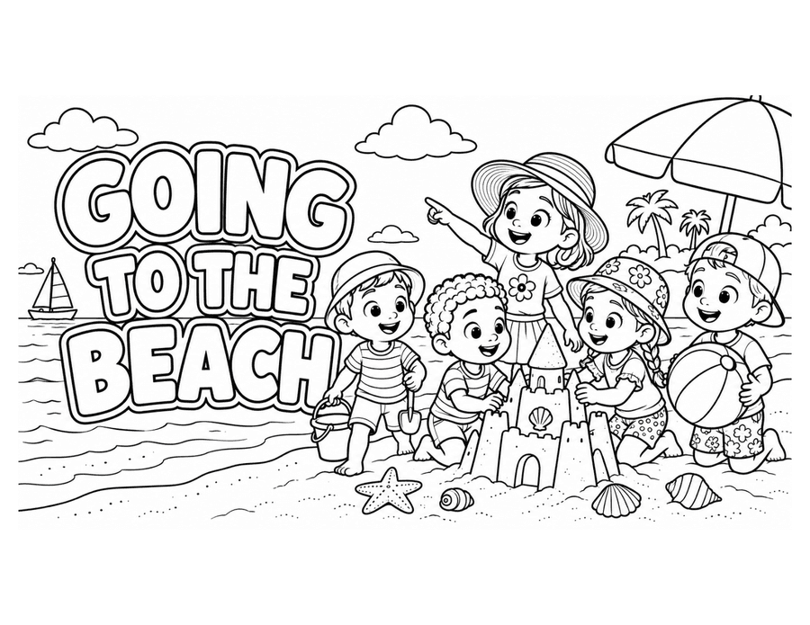 Going to the Beach colouring page preview