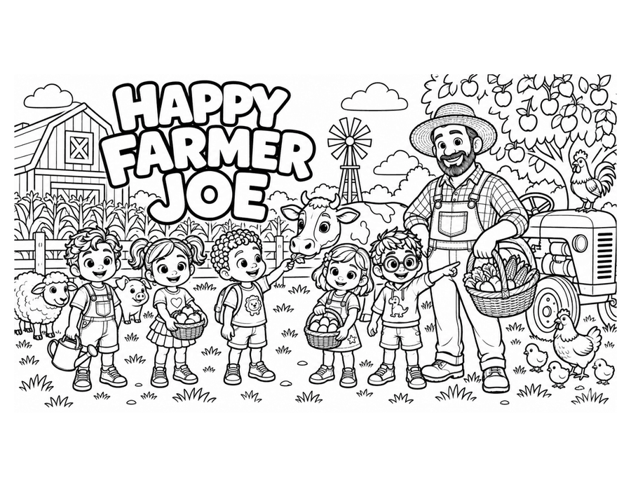 Happy Farmer Joe colouring page preview