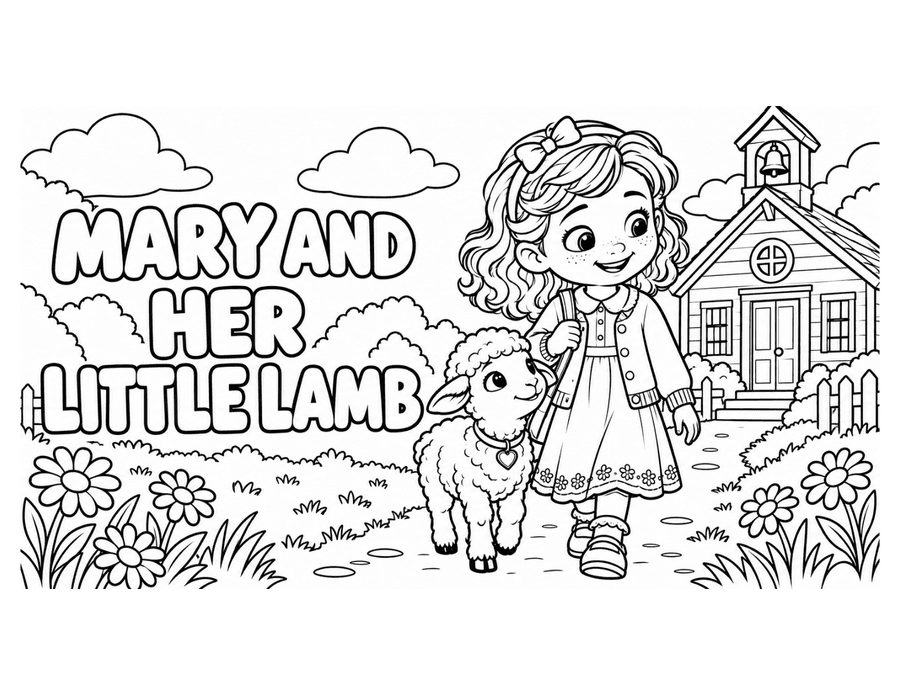 Mary and Her Little Lamb colouring page preview