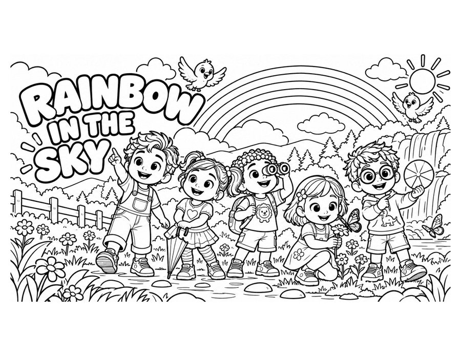 Rainbow in the Sky colouring page preview